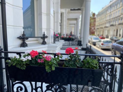 a balcony with a pot of flowers on a fence at Trebovir Hotel in London