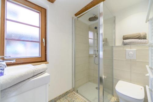 une salle de bain avec douche et toilettes dans l'établissement Maisonnette Alsacienne en plein coeur de Turckheim, à Turckheim