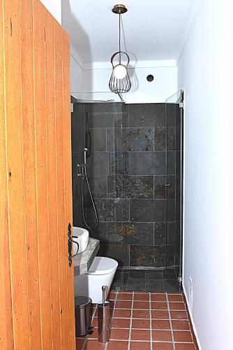 a bathroom with a shower and a toilet and a sink at Turismo Rural Pedremoura in Vila Ruiva