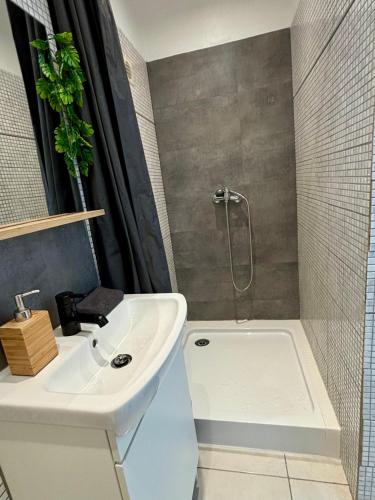 une salle de bain avec un lavabo, une douche et une baignoire dans l'établissement Joli Appartement au centre de carry le rouet, à Carry-le-Rouet