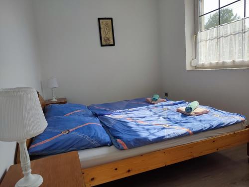 a bed with a blue comforter and a window at Estike Apartmanok in Tiszafüred
