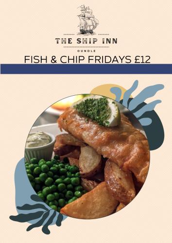 a plate of food with fish and chips and peas at The Ship Inn in Oundle