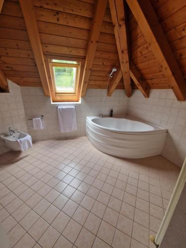 a large bathroom with a large tub and a window at Hotel Raibl e Appartamenti in Tarvisio