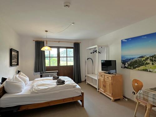 a bedroom with a bed and a flat screen tv at Gschwendtnerhof App10 KrausW in Aschau im Chiemgau
