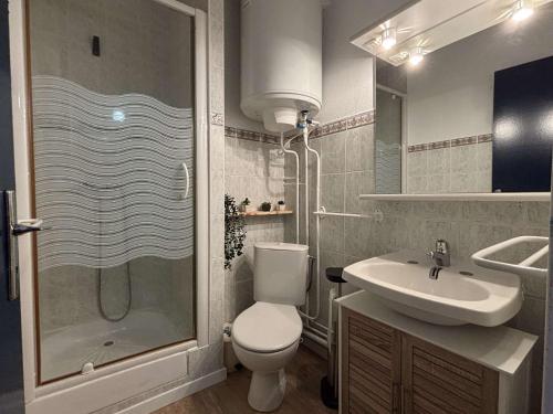une salle de bain avec toilettes, lavabo et douche dans l'établissement Appartement 2 pièces cabine 4 couchages ARGELES SUR MER AR460-130, à Argelès-sur-Mer