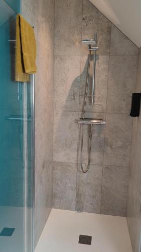 a bathroom with a shower with a glass door at AMARRÉ Chambres d'Hôtes in Sarzeau