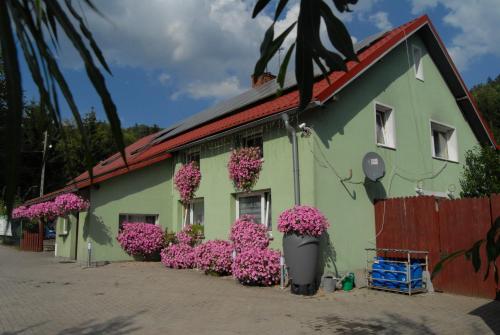 a green building with pink flowers in front of it at Agroturystyka Sokolec Górski in Sokolec