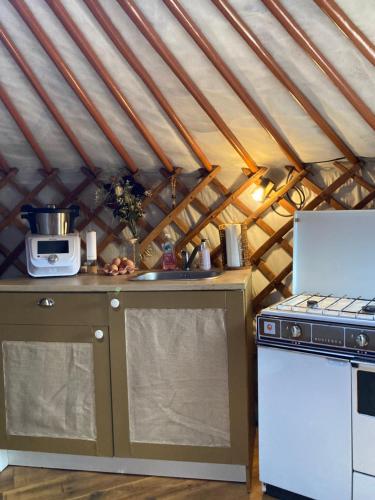 une cuisine avec une cuisinière et un comptoir dans une tente dans l'établissement Yourte à la ferme, à Ramonchamp