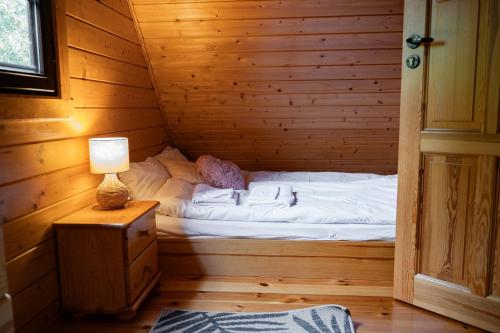 a small bed in a wooden room with a lamp at Borowa Chatka in Borowy Młyn