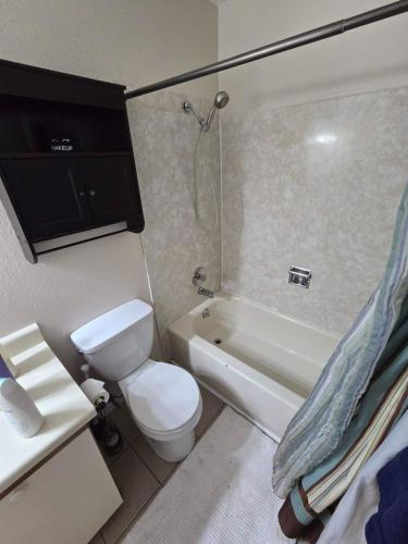 a bathroom with a toilet and a tub and a sink at Thunder Mountain Place - Quiet, Comfortable Place Offering DISCOUNT ON TOURS! in Juneau