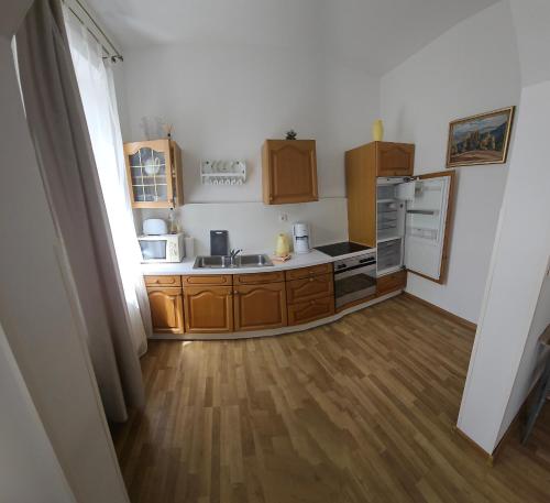 a small kitchen with wooden cabinets and a sink at Bluestars Home in Karlovy Vary
