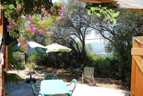 un patio avec une table, des chaises et un parasol dans l'établissement U Cipressu, à La Celle-sous-Gouzon