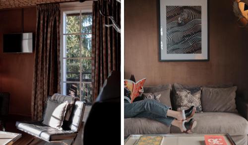 a woman laying on a couch in a living room at Lodge Park in Megève