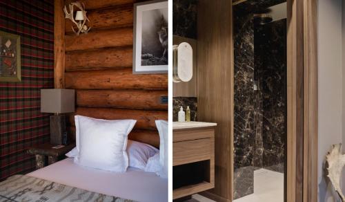 two pictures of a bedroom with a bed and a mirror at Lodge Park in Megève