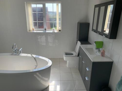 a bathroom with a tub and a toilet and a sink at Wellbet Farm in Lincoln