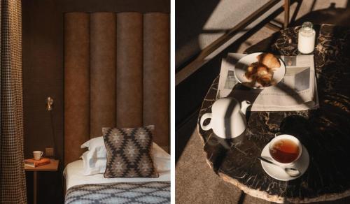 two pictures of a hotel room with a table with a cup of coffee at Lodge Park in Megève