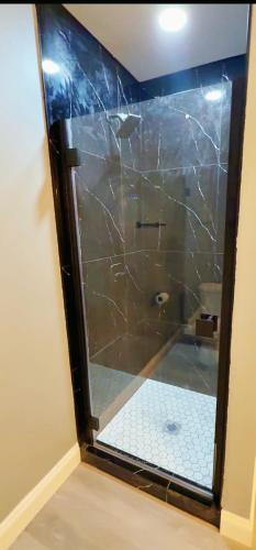 a bathroom with a shower with a glass door at Banff mountain House&30 second Bus station Close C-Train& Free Parking in Calgary