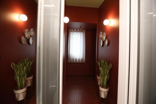 a hallway with two potted plants and a window at Palazzo Novecento in Cassano delle Murge