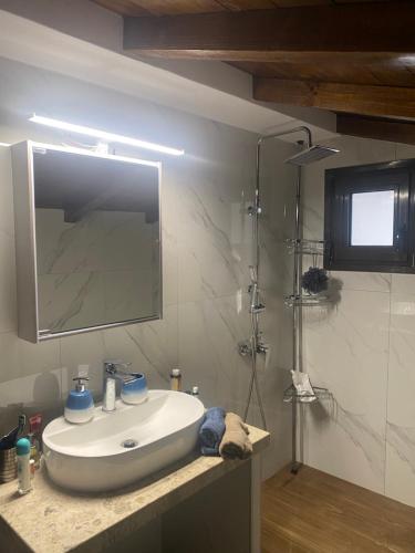 a bathroom with a sink and a mirror and a shower at To σαλέ της λίμνης 2 in Kalyvia Fylaktis