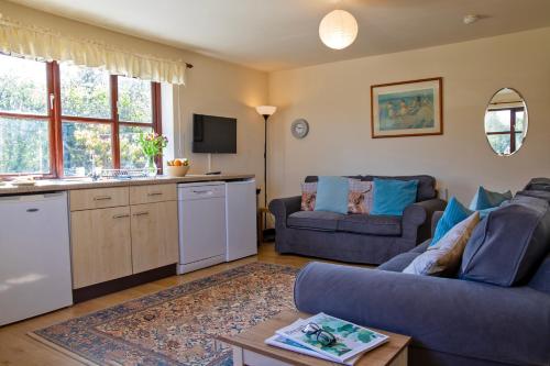 a living room with a blue couch and a kitchen at Charlie's Cottage with Alpacas and 7mins drive to Alton Towers in Denstone