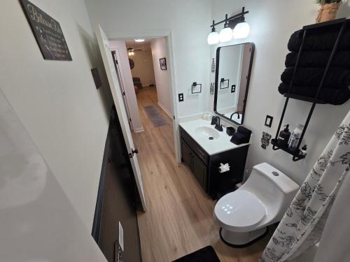 a bathroom with a toilet and a sink and a mirror at Stylish 3bd 2bath home in North Augusta
