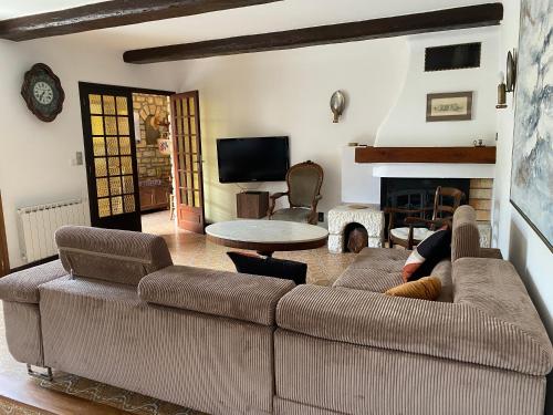 un salon avec un canapé et une cheminée dans l'établissement Maison provençale sur la colline, à Caumont-sur-Durance