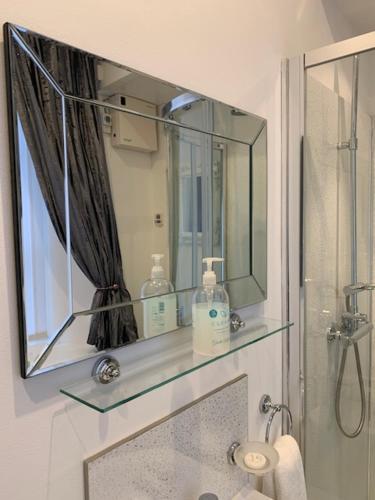 a bathroom with a sink and a mirror and a shower at Railway Studio Apartment in Haydon Bridge