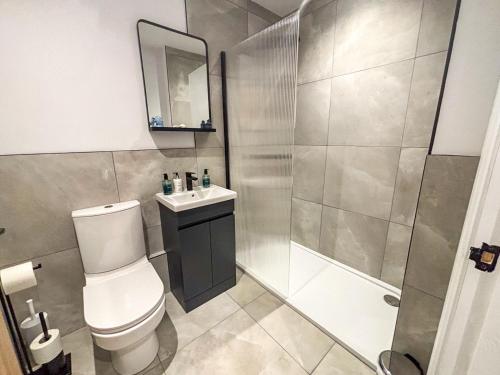 a bathroom with a toilet and a sink and a shower at The Hebridean - Rooms & Apartments in Broadford