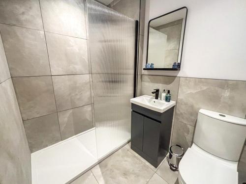 a bathroom with a shower and a toilet and a sink at The Hebridean - Rooms & Apartments in Broadford