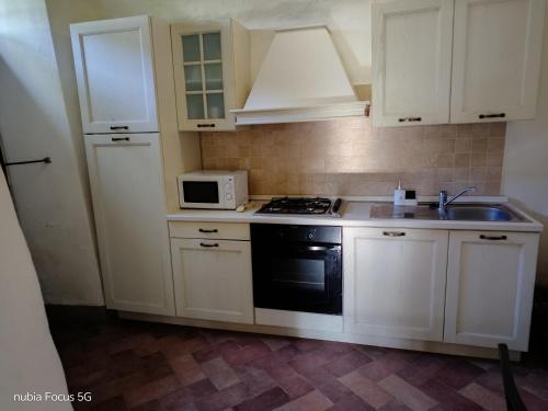 a kitchen with white cabinets and a stove and a microwave at Podere Casone in SantʼAdriano