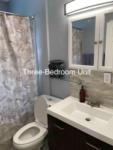 a bathroom with a white toilet and a sink at Derby City Getaway in Louisville