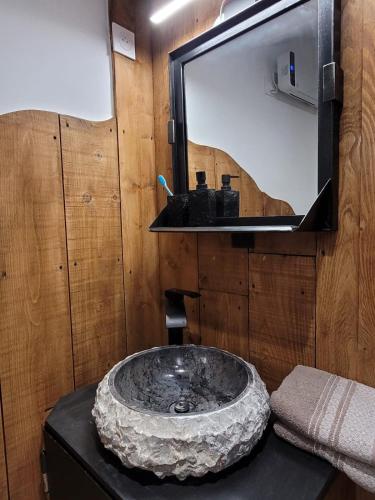 La salle de bains est pourvue d'un lavabo en pierre et d'un miroir. dans l'établissement Appartement Sillans la cascade village historique, à Sillans-la-Cascade