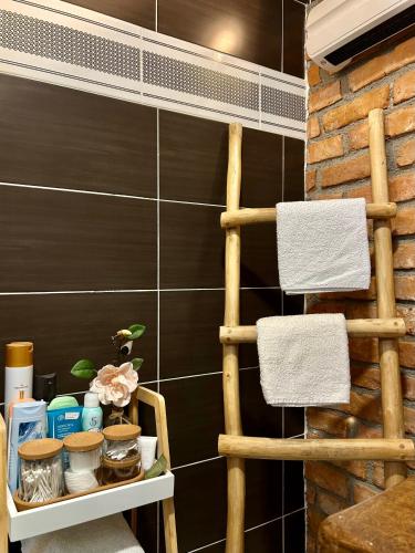 a bathroom with black tiled walls and a shelf with towels at Stara hiža pod Okićem in Jastrebarsko