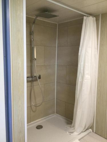 une douche avec un rideau de douche dans une salle de bain dans l'établissement Cottage provençal 3 chambres piscine spa nature & calme, à Colomars