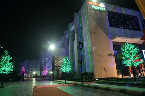 a building with christmas lights on it at night at Maha Bodhi Hotel.Resort.Convention Centre in Bodh Gaya