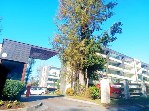 an apartment building with a parking lot in front of it at Entorno Natural, cerca del centro de Pucón Parking Privado in Pucón