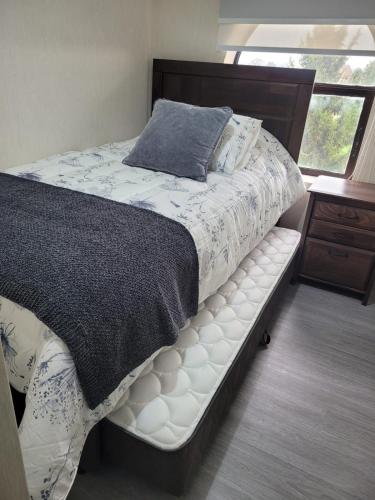 a bedroom with a bed with a white mattress and a window at Departamento Plaza Río Bueno in Río Bueno