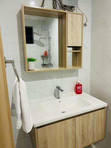 a bathroom with a white sink and a mirror at Nyvin Homes at The Loftel in Ruaka