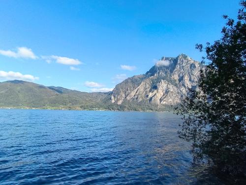 a view of a mountain over a large body of water at Single Tiny House Salzkammergut in Regau