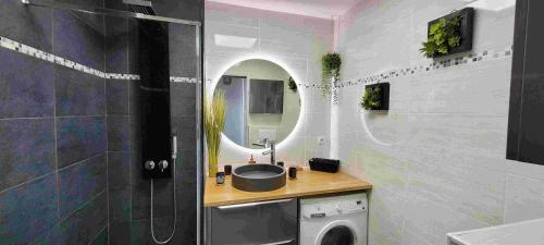 une salle de bain avec un lavabo et une machine à laver dans l'établissement Face à la Mer, à Saint Cyprien Plage