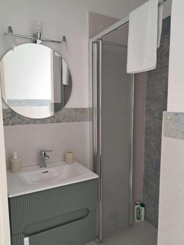 a bathroom with a shower and a sink and a mirror at B&B Manzoni 2 in Neviano