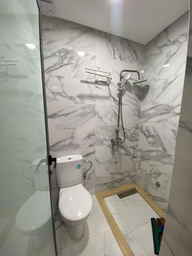 un baño con inodoro y ducha en Zoubida Apartment, en Tamraght Ouzdar