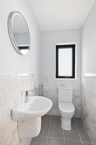 a bathroom with a sink and a toilet and a mirror at North Dublin Homestay in Dublin