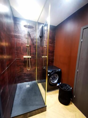 une douche avec une porte vitrée dans une salle de bain dans l'établissement Appart'Hôtel Le Phoenix, à Montbéliard
