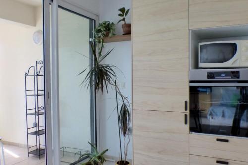 un salon avec un four micro-ondes et une plante dans l'établissement The 2 bedroom apartment with balcony - near park, à Toulon