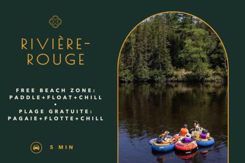 a flyer for a river rouge with people in tubes at Forest Refuge - Fire - HotTub - Tremblant 15 min in La Conception