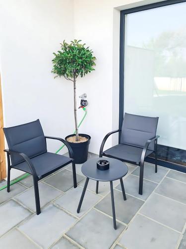 two chairs and a table on a patio at Relax Suite in Mörbisch am See