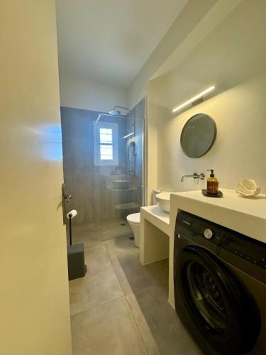 a bathroom with a washing machine in a bathroom at Mediterranean Cottage in Ambelas