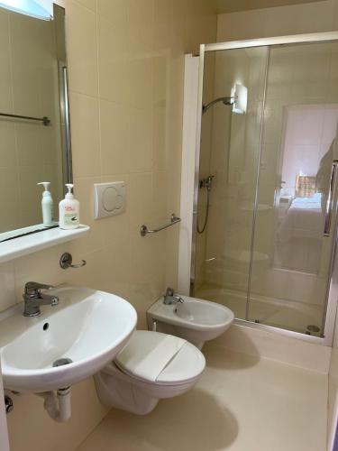 a bathroom with a sink and a toilet and a shower at Agriturismo al Ranch in Castello dʼAviano