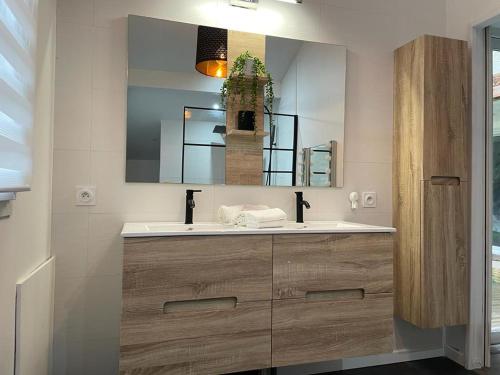 une salle de bain avec un lavabo et un miroir dans l'établissement Villa grands pins et spa, à Soustons